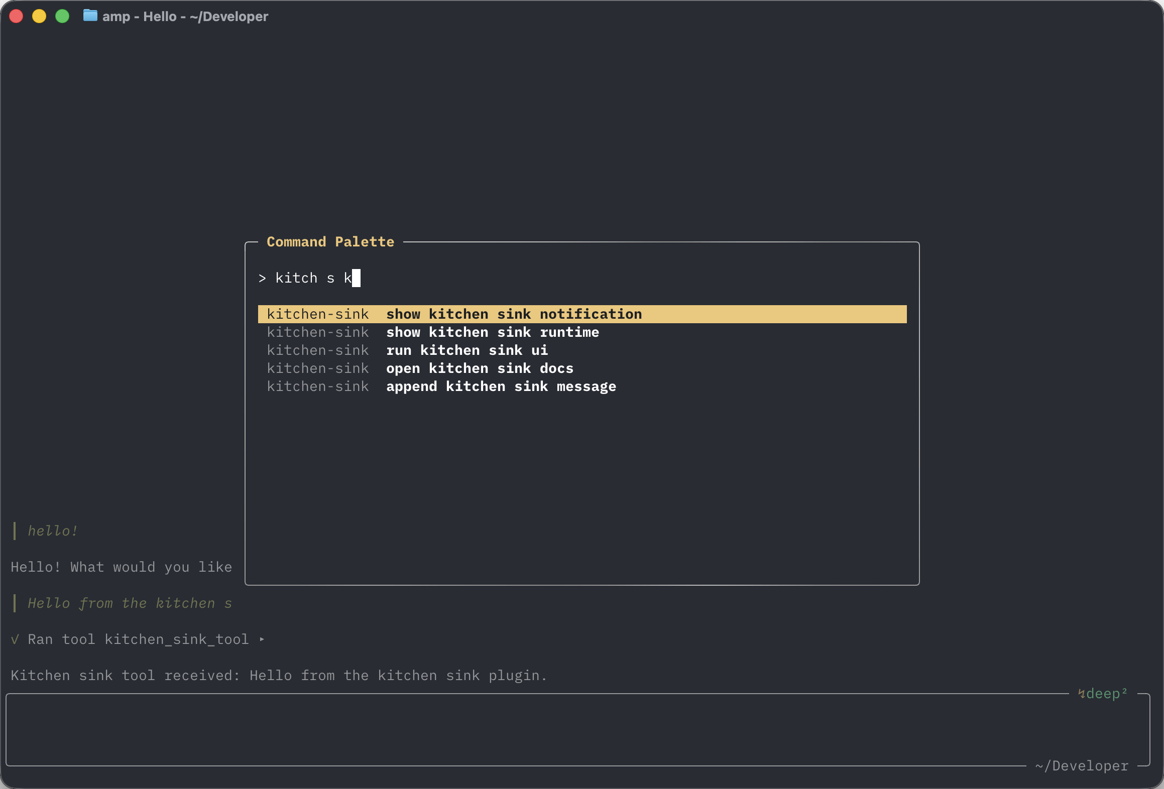 Amp command palette showing a custom plugin command